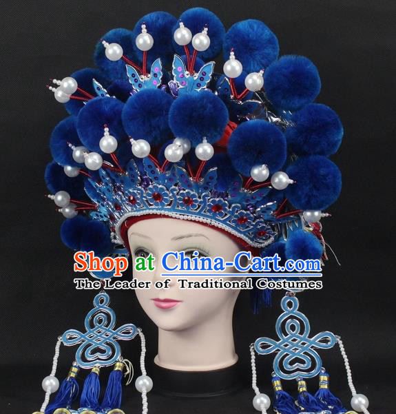 Traditional China Beijing Opera Young Lady Hair Accessories Female General Helmet, Ancient Chinese Peking Opera Swordplay Blue Venonat Headwear