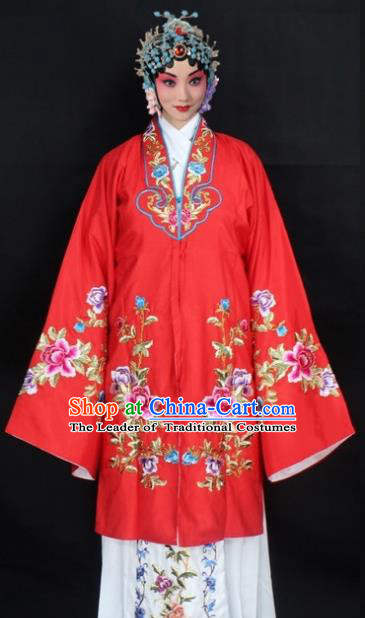 Traditional China Beijing Opera Young Lady Hua Tan Costume Red Embroidered Cape, Ancient Chinese Peking Opera Female Diva Embroidery Peony Dress Clothing