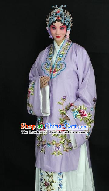 Traditional China Beijing Opera Young Lady Hua Tan Costume Lilac Embroidered Cape, Ancient Chinese Peking Opera Female Diva Embroidery Peony Dress Clothing