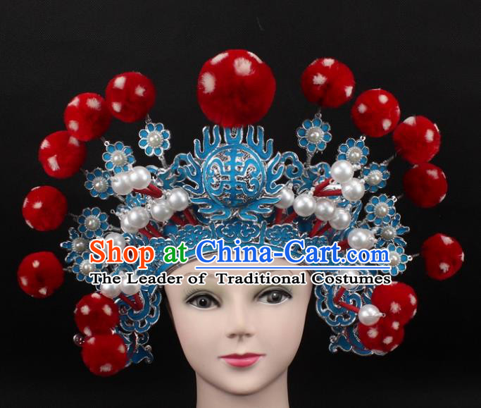 Traditional China Beijing Opera Hair Accessories Red Venonat General Hat, Ancient Chinese Peking Opera Takefu Helmet Headwear