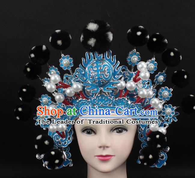 Traditional China Beijing Opera Hair Accessories Black Venonat General Hat, Ancient Chinese Peking Opera Takefu Helmet Headwear