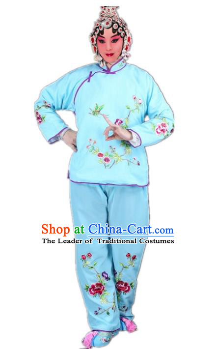 Traditional China Beijing Opera Young Lady Hua Tan Costume Maidservants Embroidered Blue Clothing, Ancient Chinese Peking Opera Diva Embroidery Dress Clothing