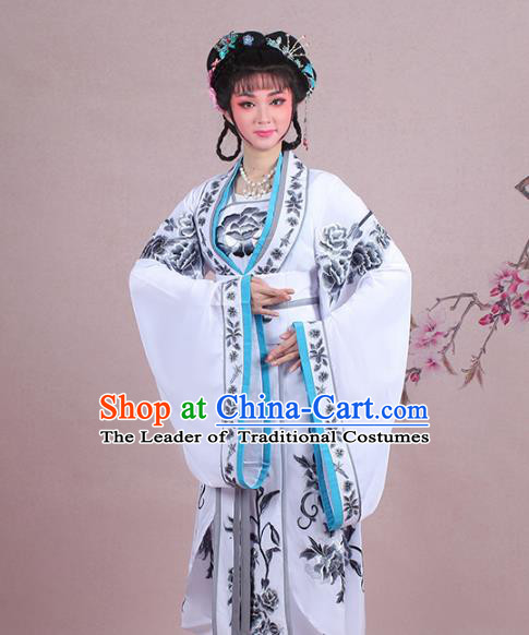 Traditional China Beijing Opera Palace Lady Costume Imperial Princess Embroidered White Dress, Ancient Chinese Peking Opera Diva Hua Tan Embroidery Clothing
