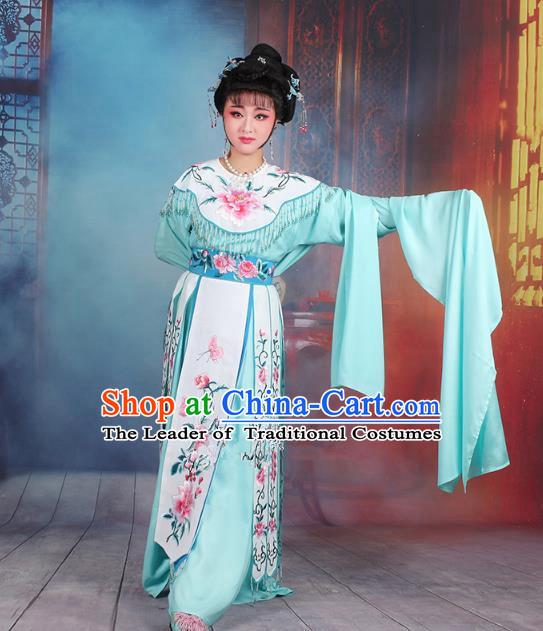 Traditional China Beijing Opera Palace Lady Hua Tan Costume Water Sleeve Embroidered Dress, Ancient Chinese Peking Opera Diva Senior Concubine Embroidery Blue Clothing