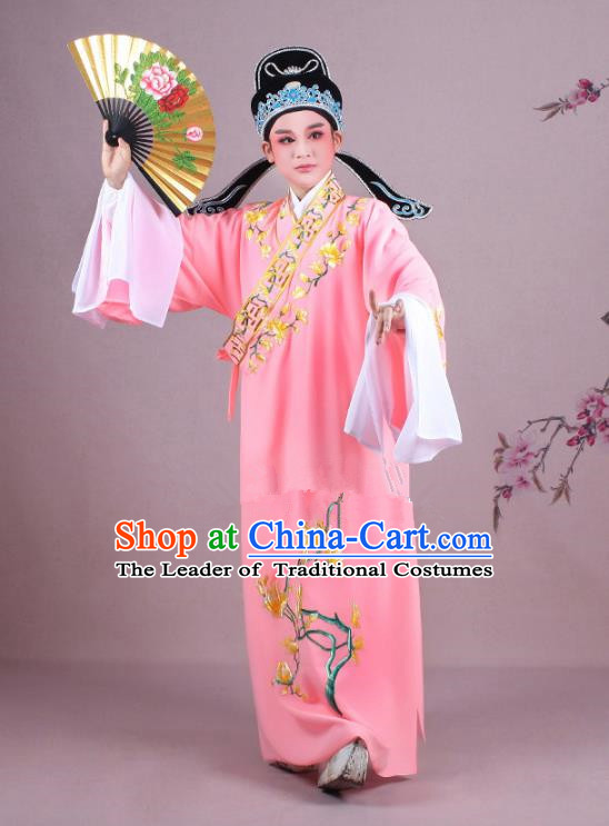 Traditional China Beijing Opera Niche Costume Gifted Scholar Watermelon Red Embroidered Robe and Hat, Ancient Chinese Peking Opera Young Men Embroidery Mangnolia Clothing