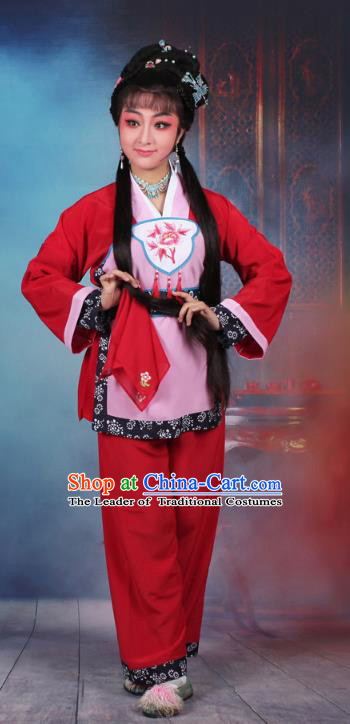 Traditional China Beijing Opera Young Lady Hua Tan Costume Servant Girl Red Embroidered Dress, Ancient Chinese Peking Opera Diva Maidservants Embroidery Clothing