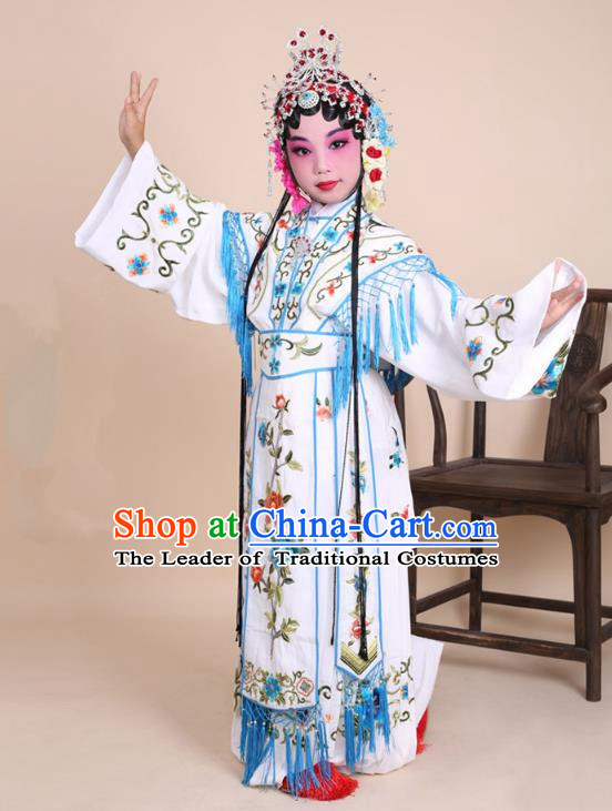 Traditional China Beijing Opera Costume White Embroidered Dress and Headwear, Ancient Chinese Peking Opera Diva Hua Tan Embroidery Clothing for Kids