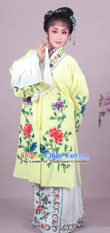 Top Grade Professional Beijing Opera Female Role Costume Imperial Concubine Yellow Embroidered Cape, Traditional Ancient Chinese Peking Opera Diva Embroidery Peony Clothing