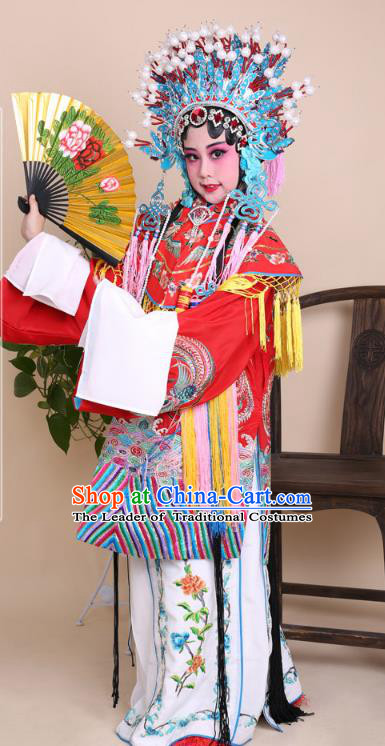 Traditional China Beijing Opera Palace Lady Costume Senior Concubine Red Embroidered Robe Dress, Ancient Chinese Peking Opera Diva Hua Tan Embroidery Clothing for Kids