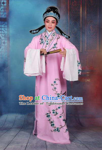 Top Grade Professional Beijing Opera Niche Costume Gifted Scholar Pink Embroidered Robe, Traditional Ancient Chinese Peking Opera Embroidery Wintersweet Clothing