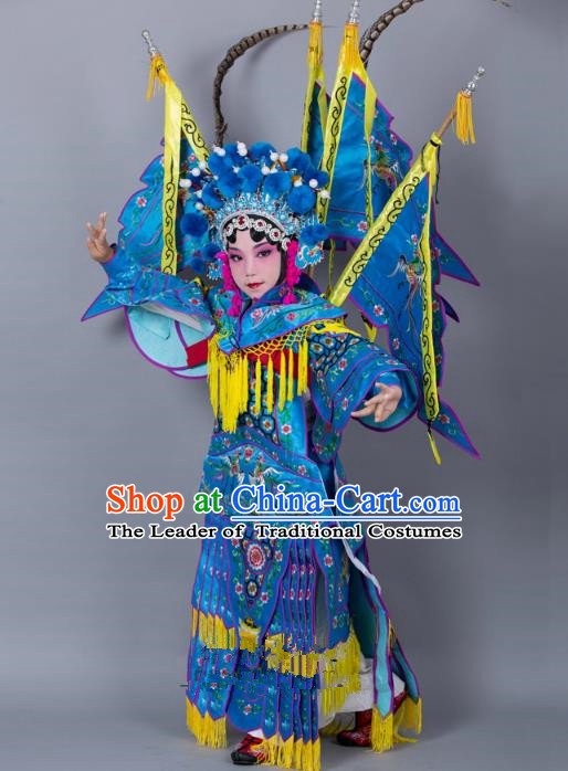 Traditional China Beijing Opera Female General Costume and Headwear Complete Set, Ancient Chinese Peking Opera Swordplay Military Officer Embroidery Blue Clothing for Kids