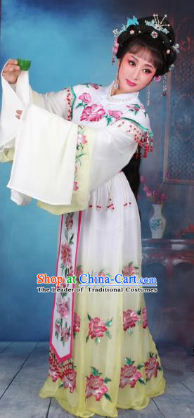 Top Grade Professional Beijing Opera Diva Costume Palace Lady Water Sleeve Yellow Embroidered Dress, Traditional Ancient Chinese Peking Opera Princess Embroidery Peony Clothing