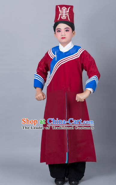 Top Grade Professional Beijing Opera Niche Costume Government Runners Red Robe and Headwear, Traditional Ancient Chinese Peking Opera Takefu Clothing for Kids