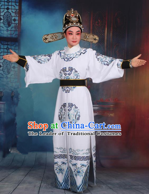 Top Grade Professional Beijing Opera Niche Costume General White Embroidered Robe and Headwear, Traditional Ancient Chinese Peking Opera Takefu Clothing