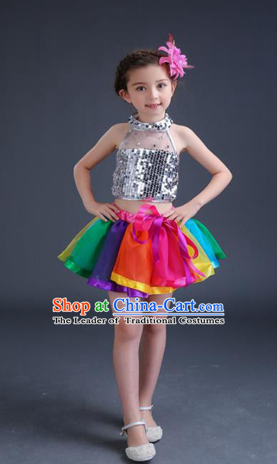 Top Grade Chinese Compere Professional Performance Catwalks Costume, Children Jazz Dance Paillette Dress Modern Dance Clothing for Girls Kids