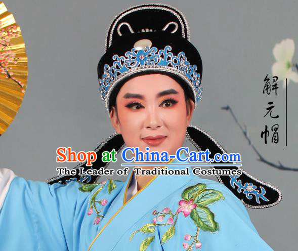 Top Grade Beijing Opera Niche Gifted Scholar Black Hat, Traditional Ancient Chinese Peking Opera Young Men Headwear