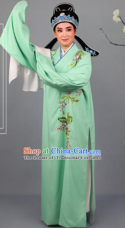 Top Grade Professional Beijing Opera Niche Costume Gifted Scholar Green Embroidered Robe and Headwear, Traditional Ancient Chinese Peking Opera Embroidery Peach Blossom Clothing