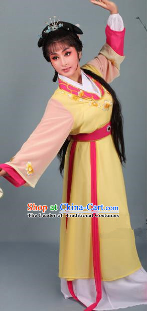 Top Grade Professional Beijing Opera Young Lady Diva Costume Handmaiden Yellow Embroidered Dress, Traditional Ancient Chinese Peking Opera Maidservants Embroidery Clothing