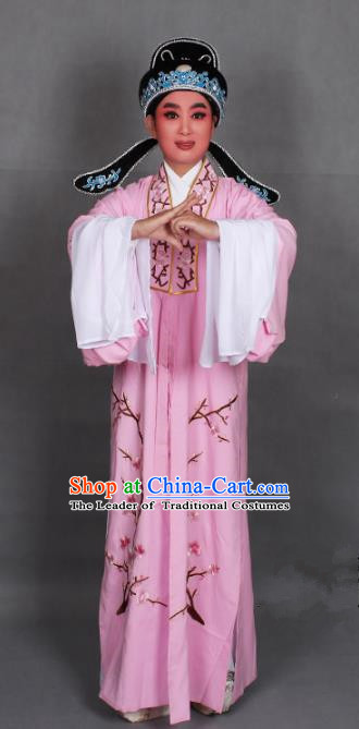 Top Grade Professional Beijing Opera Niche Costume Scholar Pink Embroidered Robe and Shoes, Traditional Ancient Chinese Peking Opera Young Men Embroidery Plum Blossom Cape Clothing