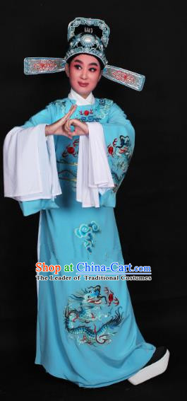 Top Grade Professional Beijing Opera Niche Costume Lang Scholar Blue Embroidered Robe and Hat, Traditional Ancient Chinese Peking Opera Young Men Embroidery Dragons Clothing