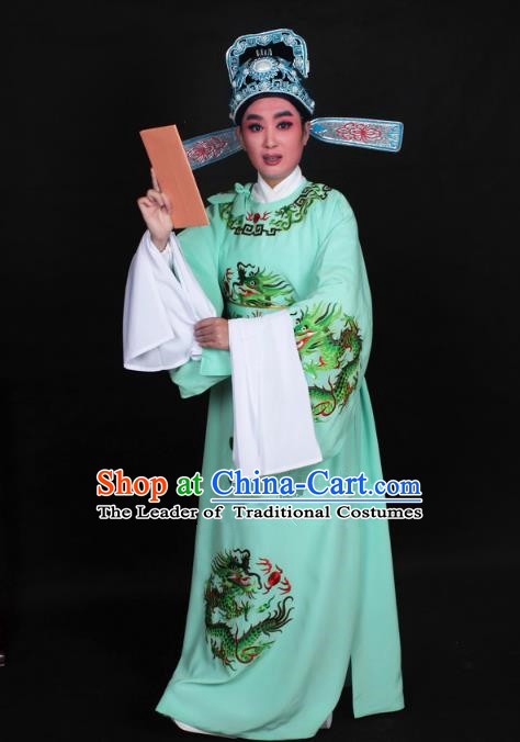 Top Grade Professional Beijing Opera Niche Costume Lang Scholar Green Embroidered Robe and Hat, Traditional Ancient Chinese Peking Opera Young Men Embroidery Dragons Clothing