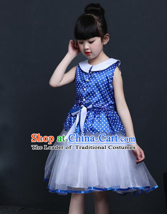 Top Grade Chinese Professional Performance Catwalks Costume, Children Princess Chorus Veil Blue Dress Modern Dance Clothing for Girls Kids