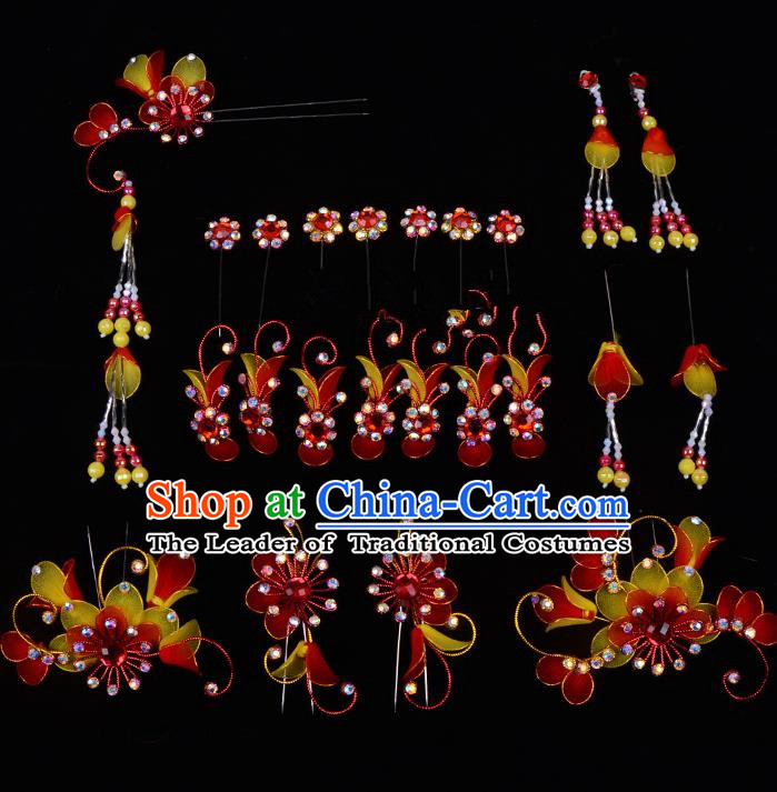 Top Grade Professional Beijing Opera Diva Red Hair Accessories Complete Set, Traditional Ancient Chinese Peking Opera Tassel Step Shake Hua Tan Hairpins Headwear