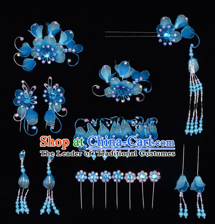 Top Grade Professional Beijing Opera Diva Blue Hair Accessories Complete Set, Traditional Ancient Chinese Peking Opera Tassel Step Shake Hua Tan Hairpins Headwear