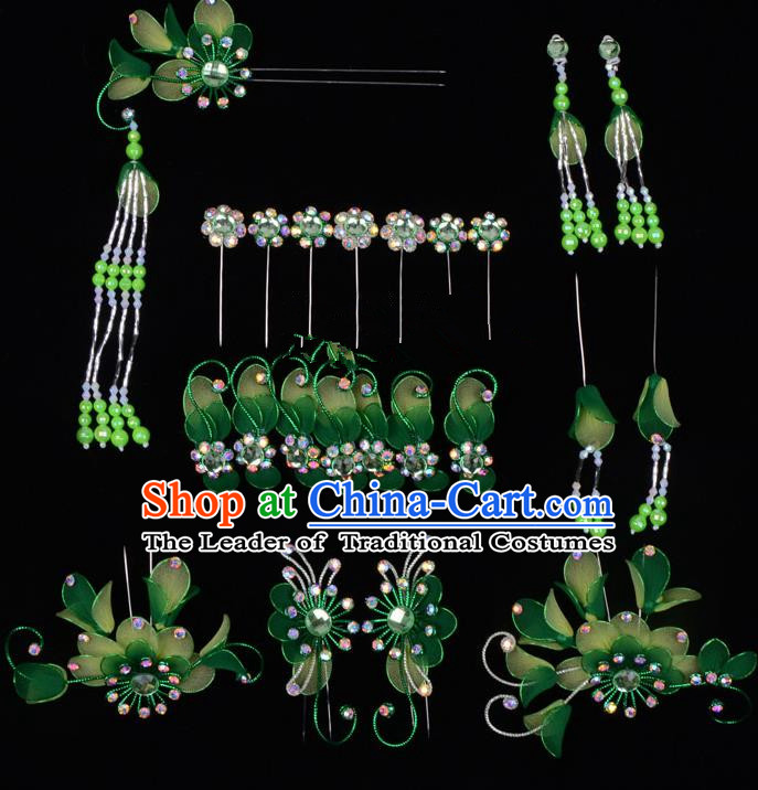 Top Grade Professional Beijing Opera Diva Green Hair Accessories Complete Set, Traditional Ancient Chinese Peking Opera Tassel Step Shake Hua Tan Hairpins Headwear