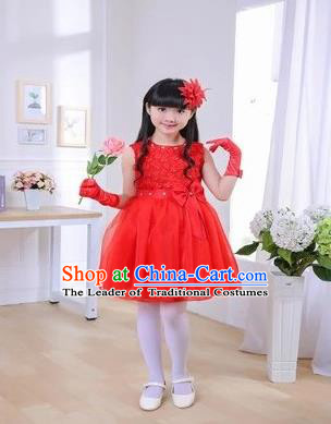 Top Grade Chinese Professional Performance Chorus Catwalks Costume, Children Red Veil Bubble Full Dress Modern Dance Dress for Girls Kids