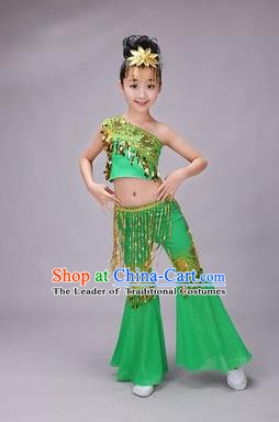 Traditional Chinese Dai Nationality Peacock Dance Costume, Children Folk Dance Ethnic Costume, Chinese Minority Nationality Dance Green Dress for Kids