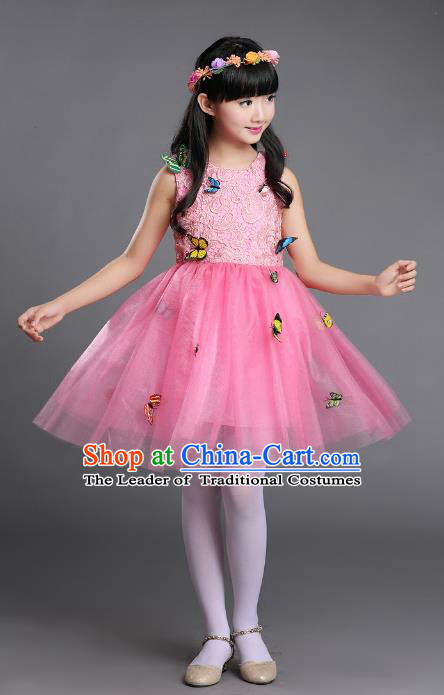 Top Grade Chinese Professional Performance Chorus Catwalks Costume, Children Pink Veil Bubble Butterfly Full Dress Modern Dance Dress for Girls Kids