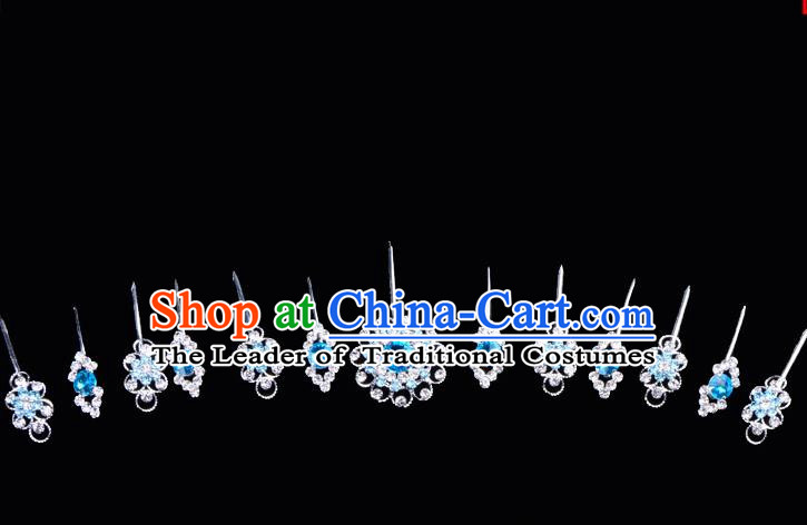 Top Grade Professional Beijing Opera Diva Blue Crystal Hair Accessories Complete Set, Traditional Ancient Chinese Peking Opera Hua Tan Hairpins Headwear