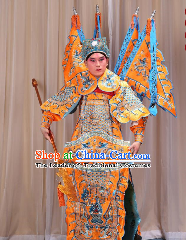 Traditional China Beijing Opera Takefu General Yellow Costume and Headwear Complete Set, Ancient Chinese Peking Opera Wu-Sheng Military Officer Clothing