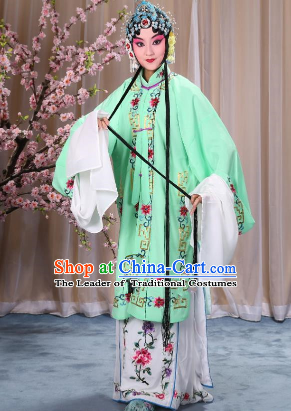 Top Grade Professional Beijing Opera Diva Costume Palace Lady Green Embroidered Cape, Traditional Ancient Chinese Peking Opera Princess Embroidery Dress Clothing