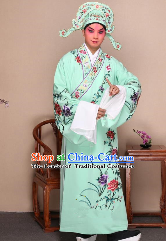 Top Grade Professional Beijing Opera Niche Costume Gifted Scholar Green Embroidered Robe and Shoes, Traditional Ancient Chinese Peking Opera Embroidery Peony Clothing