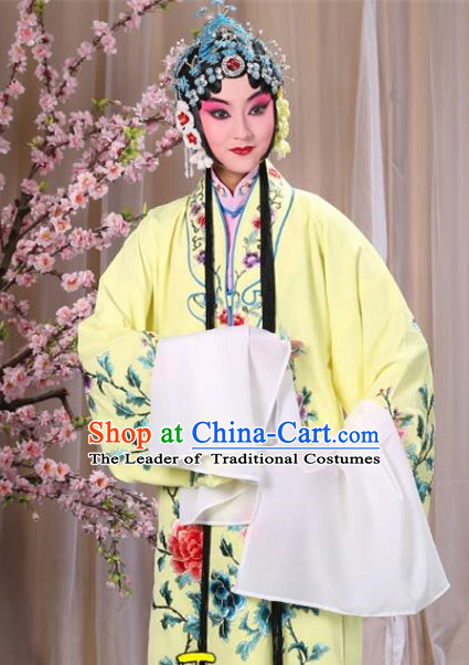 Top Grade Professional Beijing Opera Imperial Consort Costume Hua Tan Yellow Embroidered Cape, Traditional Ancient Chinese Peking Opera Diva Embroidery Peony Clothing