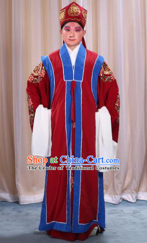 Top Grade Professional Beijing Opera Old Men Costume Long Red Waistcoat, Traditional Ancient Chinese Peking Opera Laosheng-role Ministry Councillor Clothing