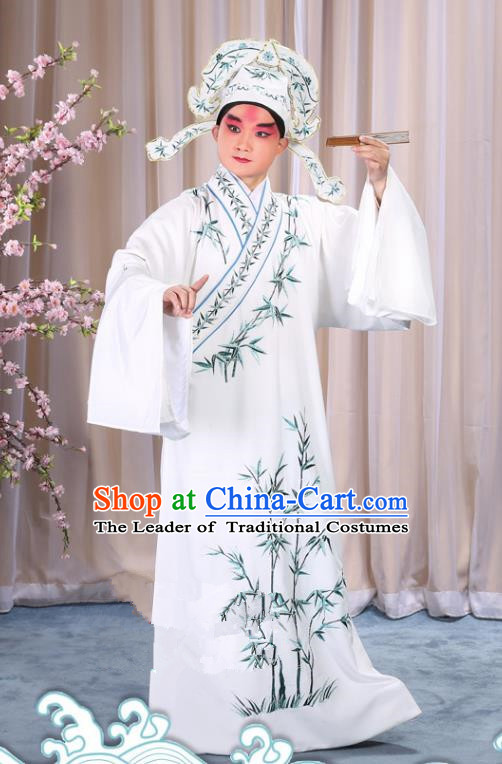 China Beijing Opera Niche Costume Gifted Scholar Embroidered Bamboo White Robe and Headwear, Traditional Ancient Chinese Peking Opera Embroidery Clothing