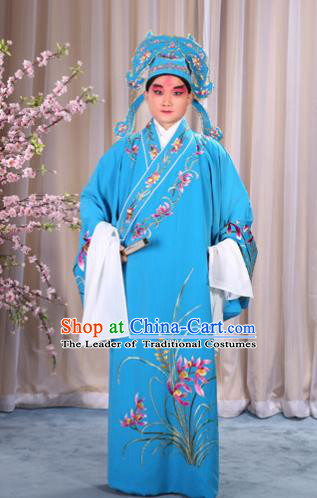 China Beijing Opera Niche Costume Young Men Blue Embroidered Robe and Shoes, Traditional Ancient Chinese Peking Opera Scholar Embroidery Orchid Gwanbok Clothing