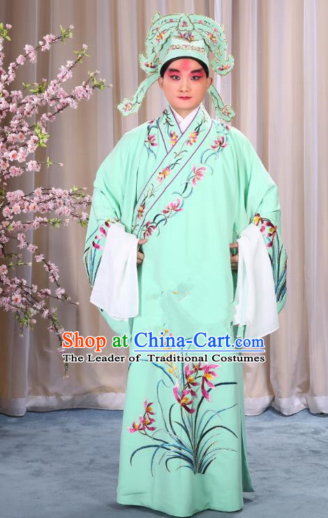 China Beijing Opera Niche Costume Young Men Green Embroidered Robe and Shoes, Traditional Ancient Chinese Peking Opera Scholar Embroidery Orchid Gwanbok Clothing