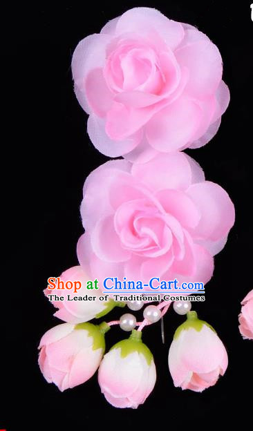 Traditional China Beijing Opera Hua Tan Pink Flowers Hair Accessories Hairpin, Ancient Chinese Peking Opera Women Hairpins Diva Temple Kanzashi Headwear