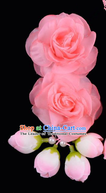 Traditional China Beijing Opera Hua Tan Watermelon Red Flowers Hair Accessories Hairpin, Ancient Chinese Peking Opera Women Hairpins Diva Temple Kanzashi Headwear