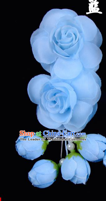 Traditional China Beijing Opera Hua Tan Blue Flowers Hair Accessories Hairpin, Ancient Chinese Peking Opera Women Hairpins Diva Temple Kanzashi Headwear