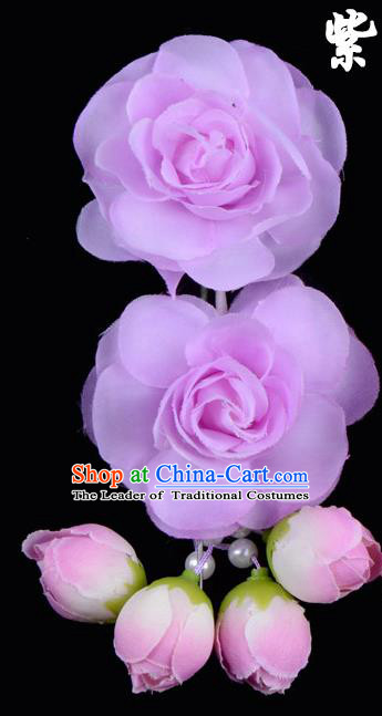 Traditional China Beijing Opera Hua Tan Purple Flowers Hair Accessories Hairpin, Ancient Chinese Peking Opera Women Hairpins Diva Temple Kanzashi Headwear