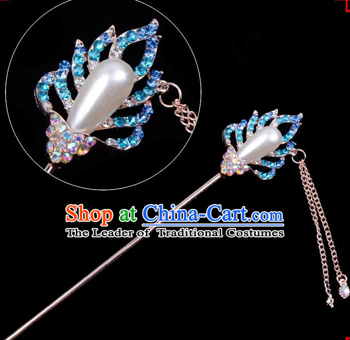 Traditional China Beijing Opera Hua Tan Hair Accessories Blue Crystal Pearls Hairpin, Ancient Chinese Peking Opera Women Hairpins Diva Temple Kanzashi Headwear