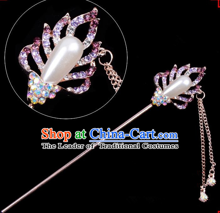 Traditional China Beijing Opera Hua Tan Hair Accessories Purple Crystal Pearls Hairpin, Ancient Chinese Peking Opera Tassel Step Shake Women Hairpins Diva Temple Kanzashi Headwear