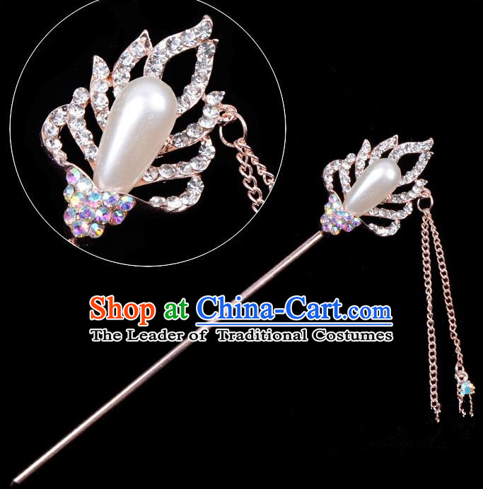 Traditional China Beijing Opera Hua Tan Hair Accessories Crystal Pearls Hairpin, Ancient Chinese Peking Opera Tassel Step Shake Women Hairpins Diva Temple Kanzashi Headwear