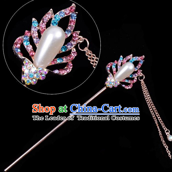 Traditional China Beijing Opera Hua Tan Hair Accessories Colorful Crystal Pearls Hairpin, Ancient Chinese Peking Opera Tassel Step Shake Women Hairpins Diva Temple Kanzashi Headwear