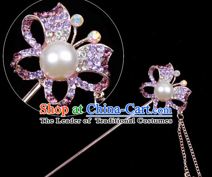 Traditional China Beijing Opera Hua Tan Hair Accessories Purple Crystal Butterfly Hairpin, Ancient Chinese Peking Opera Tassel Step Shake Women Hairpins Diva Temple Kanzashi Headwear